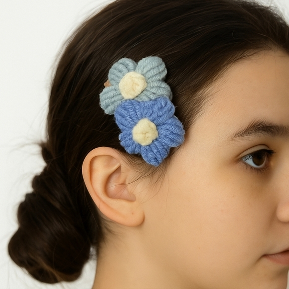 Hand Crafted TikTok Trend Hair Barrette Crocheted Puffy 2-Flowers Blue & White - Picture 1 of 17